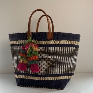 Handcrafted Navy and Cream Tote Bag with Tassels